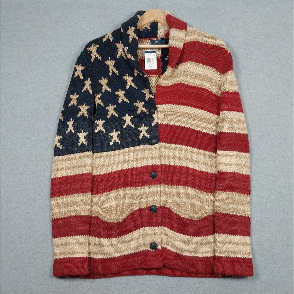 Polo Ralph Lauren Cardigan Sweater Large American Flag Jacket Unisex Classic